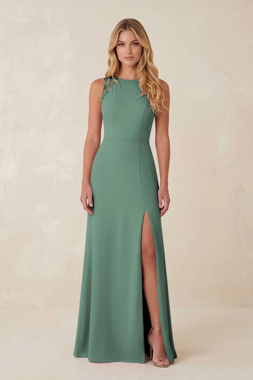 Round Neck Sheath Chiffon Appliqued Bridesmaid Dress in Sea Glass | KISSBRIDAL