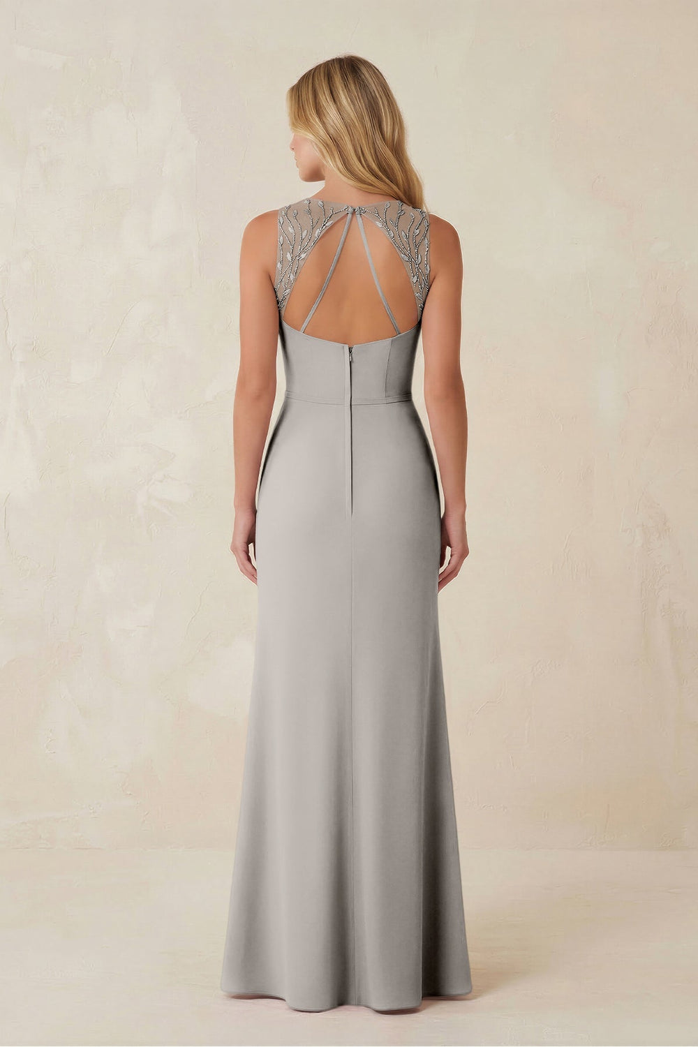 Round Neck Sheath Chiffon Appliqued Bridesmaid Dress in Silver - KISS BRIDAL Bridesmaid Dresses