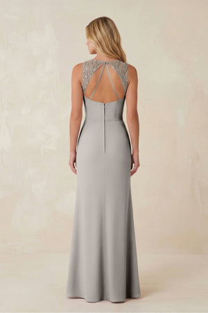 Round Neck Sheath Chiffon Appliqued Bridesmaid Dress in Silver - KISS BRIDAL Bridesmaid Dresses