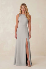 Round Neck Sheath Chiffon Appliqued Bridesmaid Dress in Silver - KISS BRIDAL Bridesmaid Dresses