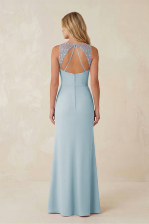 Round Neck Sheath Chiffon Appliqued Bridesmaid Dress in Sky Blue (2) | KISSBRIDAL