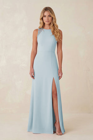 Round Neck Sheath Chiffon Appliqued Bridesmaid Dress in Sky Blue | KISSBRIDAL