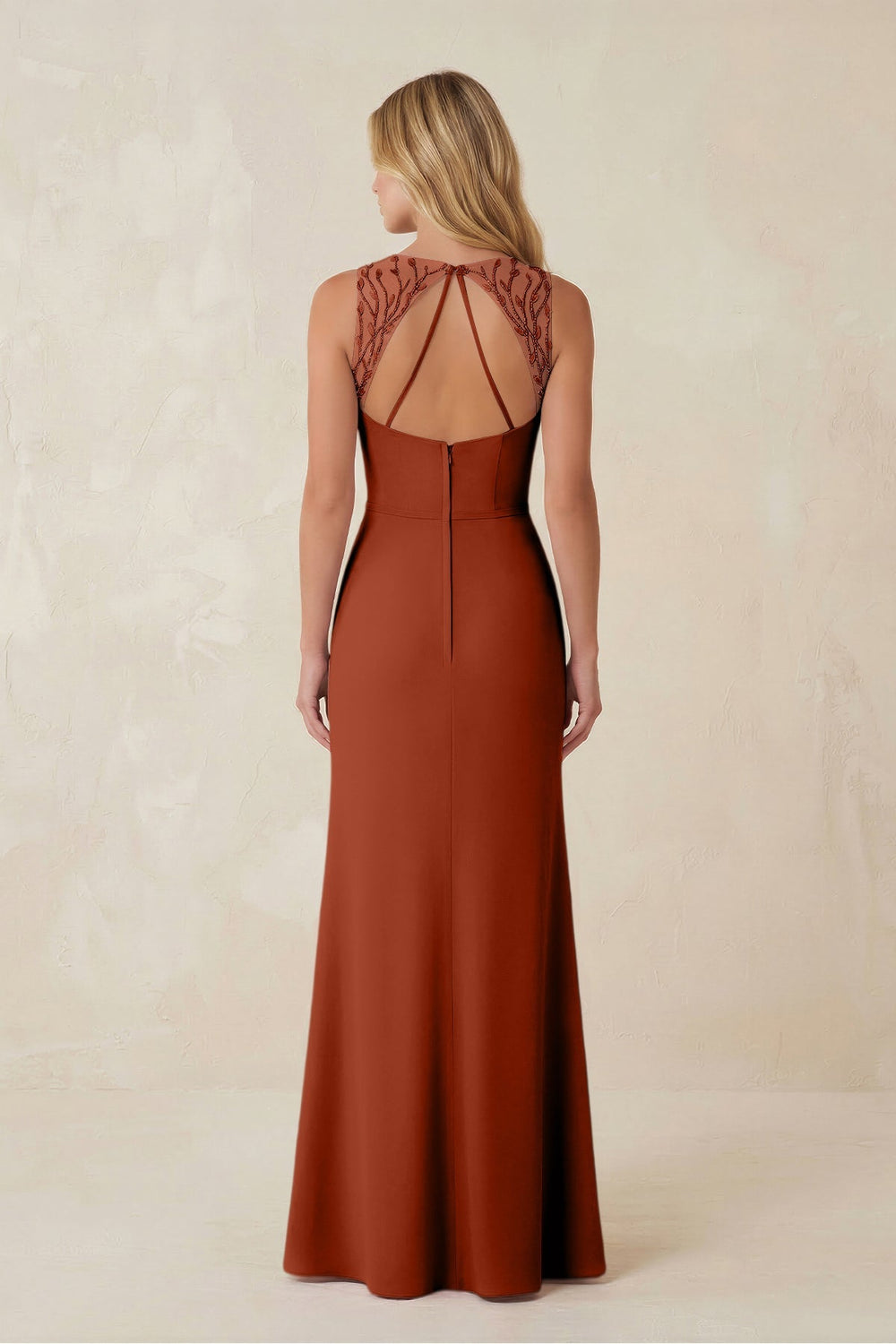 Round Neck Sheath Chiffon Appliqued Bridesmaid Dress in Spice - KISS BRIDAL Bridesmaid Dresses
