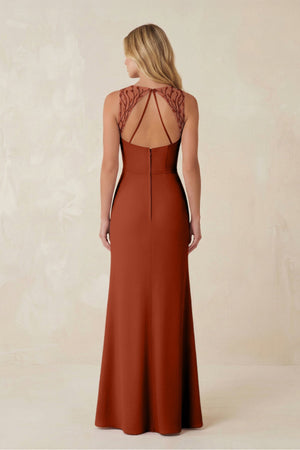 Round Neck Sheath Chiffon Appliqued Bridesmaid Dress in Spice - KISS BRIDAL Bridesmaid Dresses