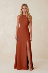 Round Neck Sheath Chiffon Appliqued Bridesmaid Dress in Spice - KISS BRIDAL Bridesmaid Dresses