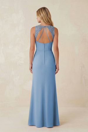 Round Neck Sheath Chiffon Appliqued Bridesmaid Dress in Steel Blue (2) | KISSBRIDAL