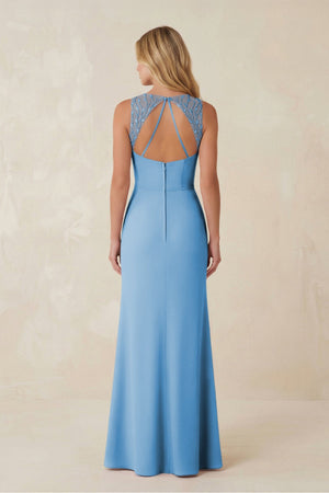 Round Neck Sheath Chiffon Appliqued Bridesmaid Dress in Steel Blue - KISS BRIDAL Bridesmaid Dresses