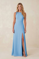 Round Neck Sheath Chiffon Appliqued Bridesmaid Dress in Steel Blue - KISS BRIDAL Bridesmaid Dresses