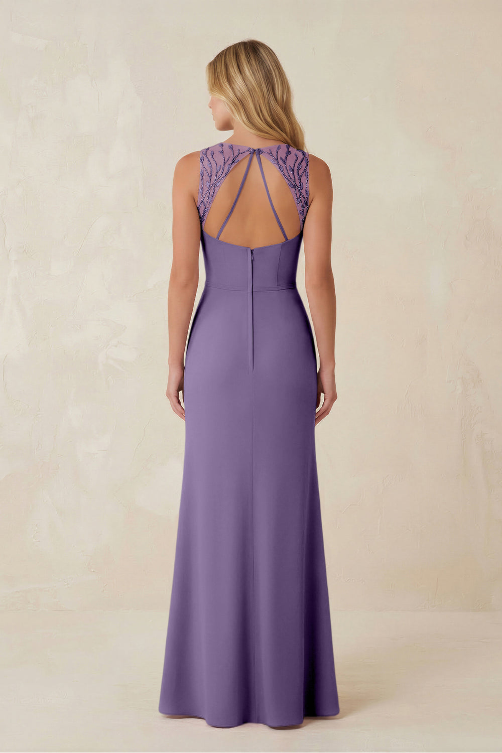 Round Neck Sheath Chiffon Appliqued Bridesmaid Dress in Tahiti