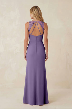 Round Neck Sheath Chiffon Appliqued Bridesmaid Dress in Tahiti (2) | KISSBRIDAL