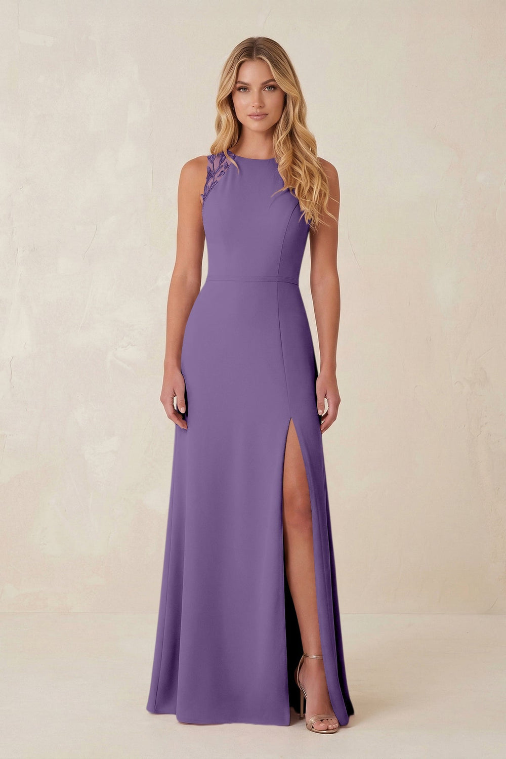 Round Neck Sheath Chiffon Appliqued Bridesmaid Dress in Tahiti - KISS BRIDAL Bridesmaid Dresses