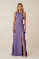 Round Neck Sheath Chiffon Appliqued Bridesmaid Dress in Tahiti | KISSBRIDAL