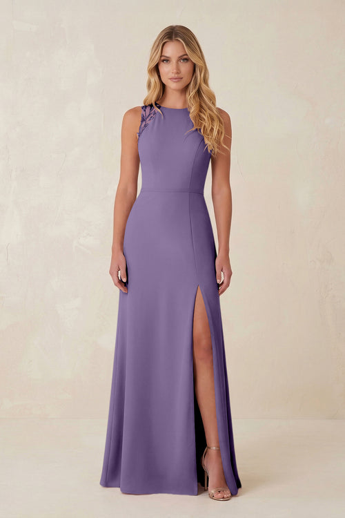 Round Neck Sheath Chiffon Appliqued Bridesmaid Dress in Tahiti | KISSBRIDAL