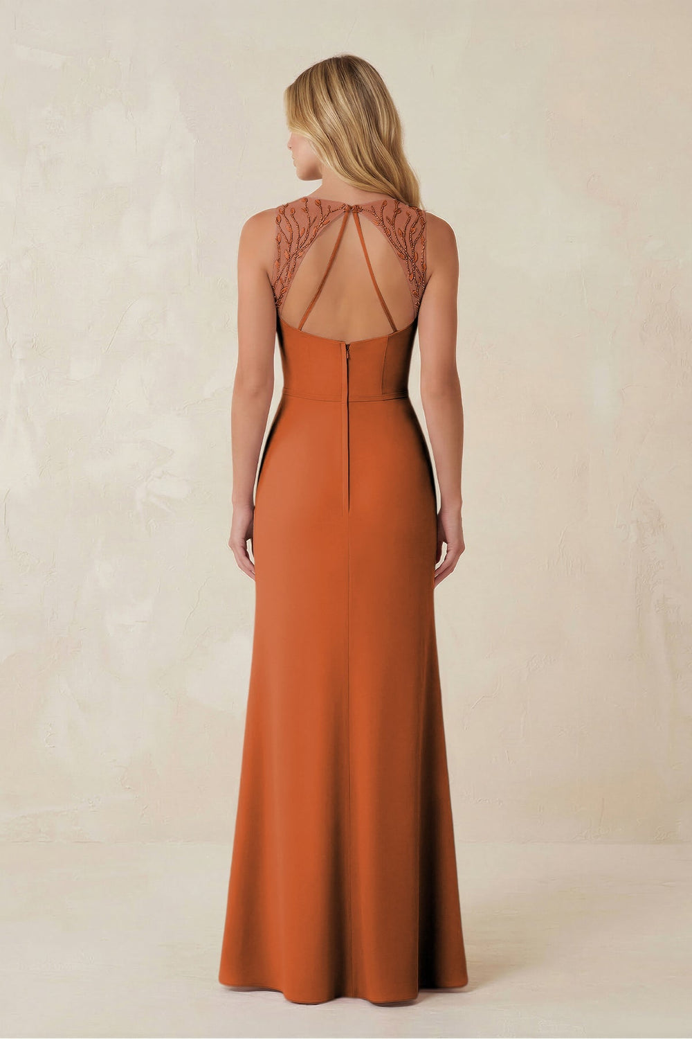 Round Neck Sheath Chiffon Appliqued Bridesmaid Dress in Terracotta - KISS BRIDAL Bridesmaid Dresses