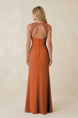 Round Neck Sheath Chiffon Appliqued Bridesmaid Dress in Terracotta - KISS BRIDAL Bridesmaid Dresses