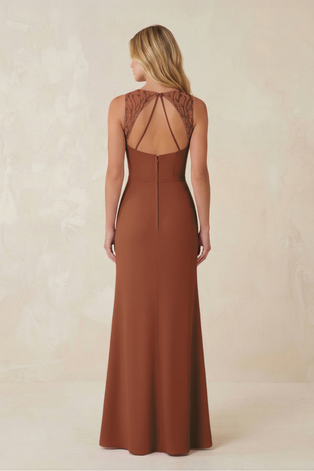 Round Neck Sheath Chiffon Appliqued Bridesmaid Dress in Terracotta