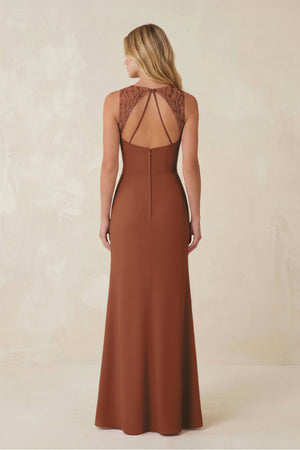 Round Neck Sheath Chiffon Appliqued Bridesmaid Dress in Terracotta (2) | KISSBRIDAL