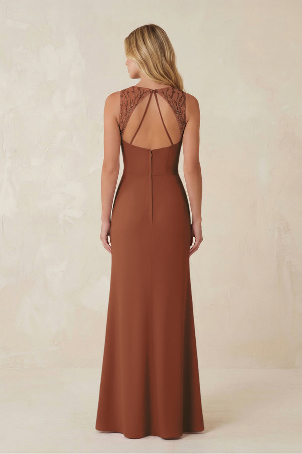 Round Neck Sheath Chiffon Appliqued Bridesmaid Dress in Terracotta (2) | KISSBRIDAL