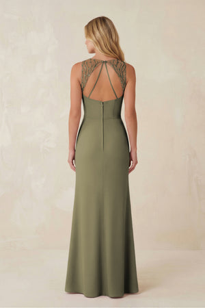 Round Neck Sheath Chiffon Appliqued Bridesmaid Dress in Thyme (2) | KISSBRIDAL