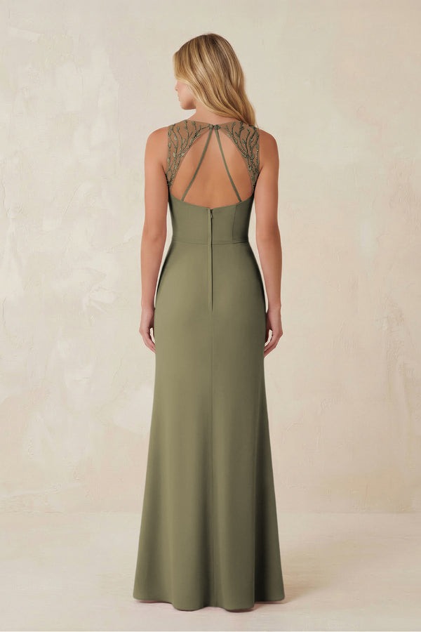 Round Neck Sheath Chiffon Appliqued Bridesmaid Dress in Thyme (2) | KISSBRIDAL