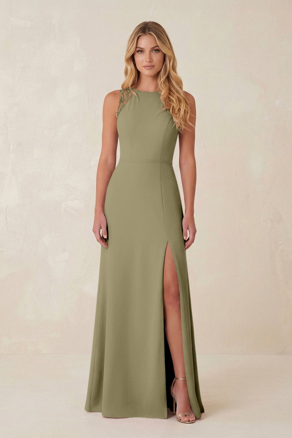 Round Neck Sheath Chiffon Appliqued Bridesmaid Dress in Thyme - KISS BRIDAL Bridesmaid Dresses