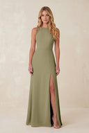 Round Neck Sheath Chiffon Appliqued Bridesmaid Dress in Thyme - KISS BRIDAL Bridesmaid Dresses