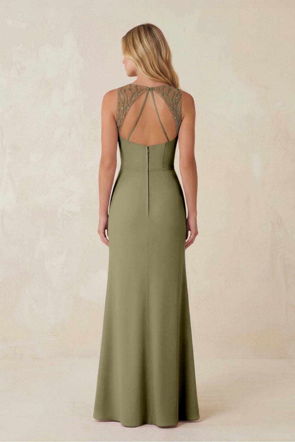 Round Neck Sheath Chiffon Appliqued Bridesmaid Dress in Thyme - KISS BRIDAL Bridesmaid Dresses