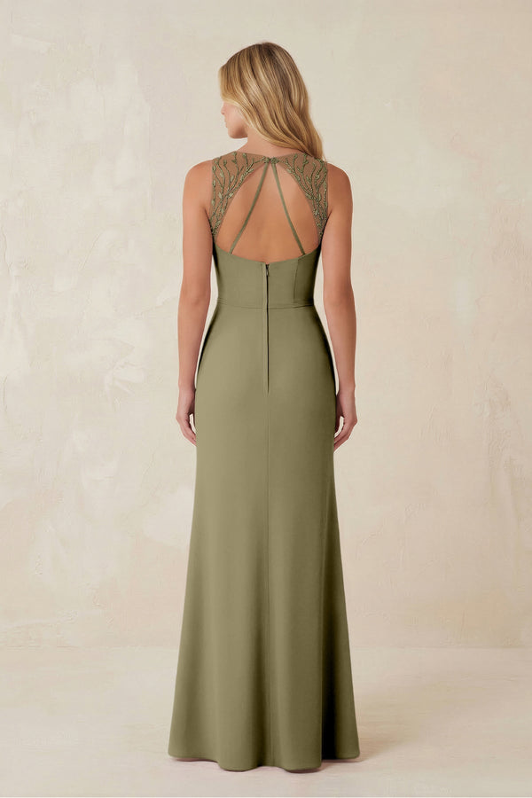 Round Neck Sheath Chiffon Appliqued Bridesmaid Dress in Thyme - KISS BRIDAL Bridesmaid Dresses