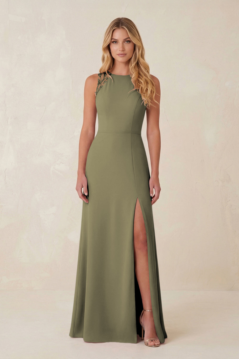 Round Neck Sheath Chiffon Appliqued Bridesmaid Dress in Thyme