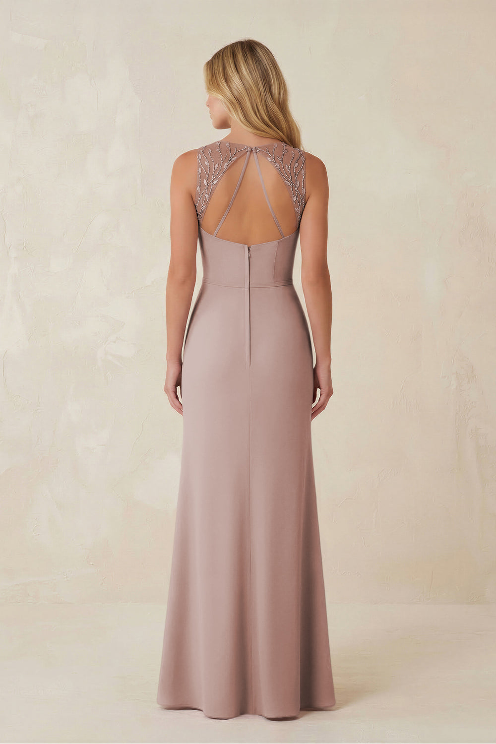 Round Neck Sheath Chiffon Appliqued Bridesmaid Dress in Toffee