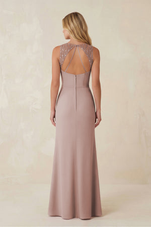 Round Neck Sheath Chiffon Appliqued Bridesmaid Dress in Toffee (2) | KISSBRIDAL