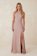 Round Neck Sheath Chiffon Appliqued Bridesmaid Dress in Toffee - KISS BRIDAL Bridesmaid Dresses
