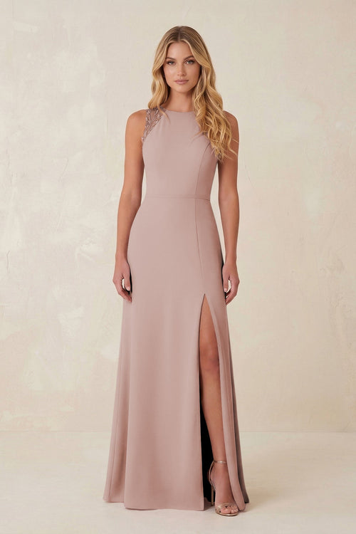 Round Neck Sheath Chiffon Appliqued Bridesmaid Dress in Toffee - KISS BRIDAL Bridesmaid Dresses