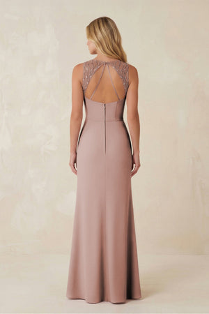 Round Neck Sheath Chiffon Appliqued Bridesmaid Dress in Toffee - KISS BRIDAL Bridesmaid Dresses