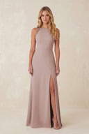 Round Neck Sheath Chiffon Appliqued Bridesmaid Dress in Toffee | KISSBRIDAL