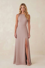 Round Neck Sheath Chiffon Appliqued Bridesmaid Dress in Toffee | KISSBRIDAL