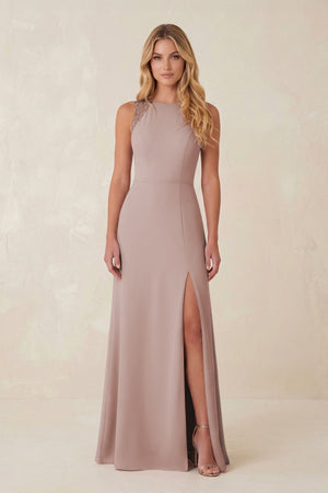 Round Neck Sheath Chiffon Appliqued Bridesmaid Dress in Toffee | KISSBRIDAL