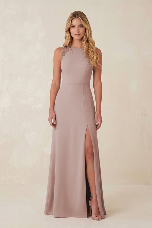 Round Neck Sheath Chiffon Appliqued Bridesmaid Dress in Toffee | KISSBRIDAL