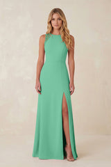 Round Neck Sheath Chiffon Appliqued Bridesmaid Dress in Turquoise - KISS BRIDAL Bridesmaid Dresses