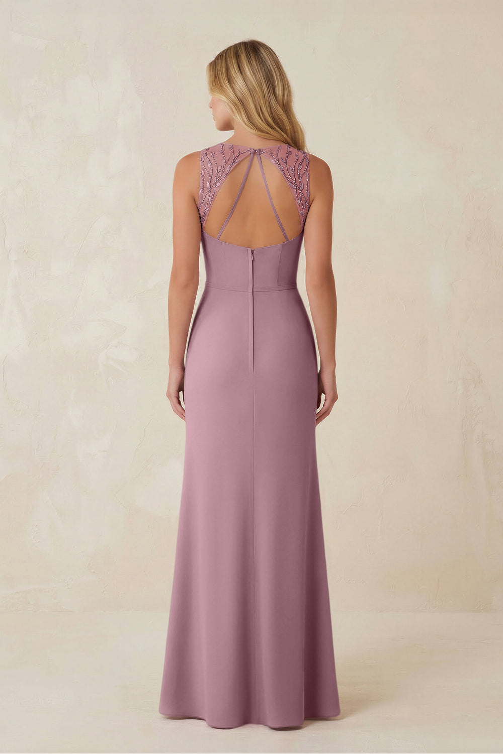 Round Neck Sheath Chiffon Appliqued Bridesmaid Dress in Vintage Mauve