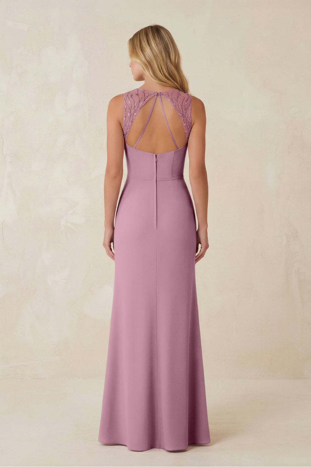 Round Neck Sheath Chiffon Appliqued Bridesmaid Dress in Vintage Mauve - KISS BRIDAL Bridesmaid Dresses