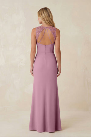 Round Neck Sheath Chiffon Appliqued Bridesmaid Dress in Vintage Mauve - KISS BRIDAL Bridesmaid Dresses
