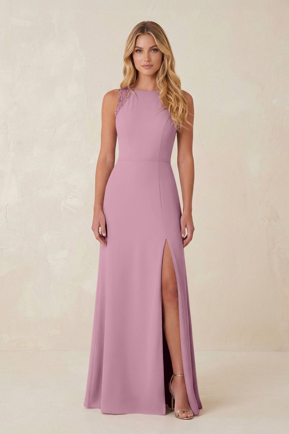Round Neck Sheath Chiffon Appliqued Bridesmaid Dress in Vintage Mauve - KISS BRIDAL Bridesmaid Dresses