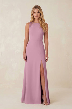 Round Neck Sheath Chiffon Appliqued Bridesmaid Dress in Vintage Mauve - KISS BRIDAL Bridesmaid Dresses