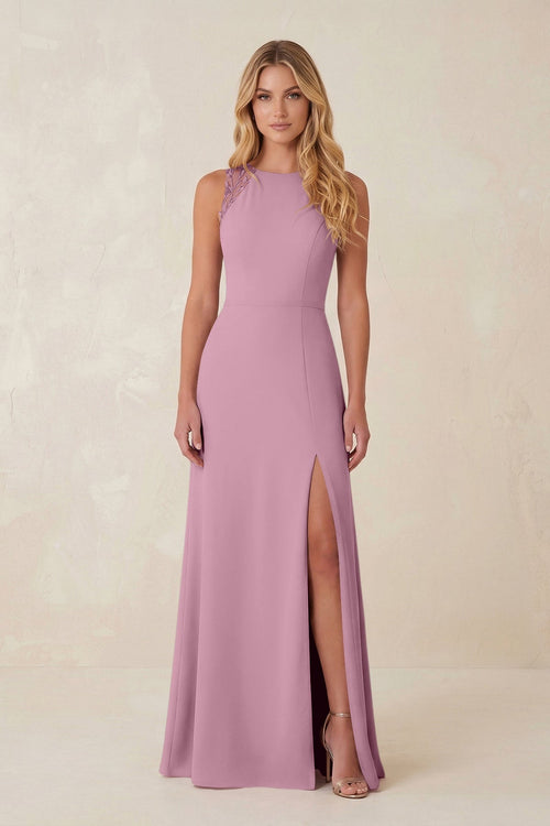Round Neck Sheath Chiffon Appliqued Bridesmaid Dress in Vintage Mauve - KISS BRIDAL Bridesmaid Dresses