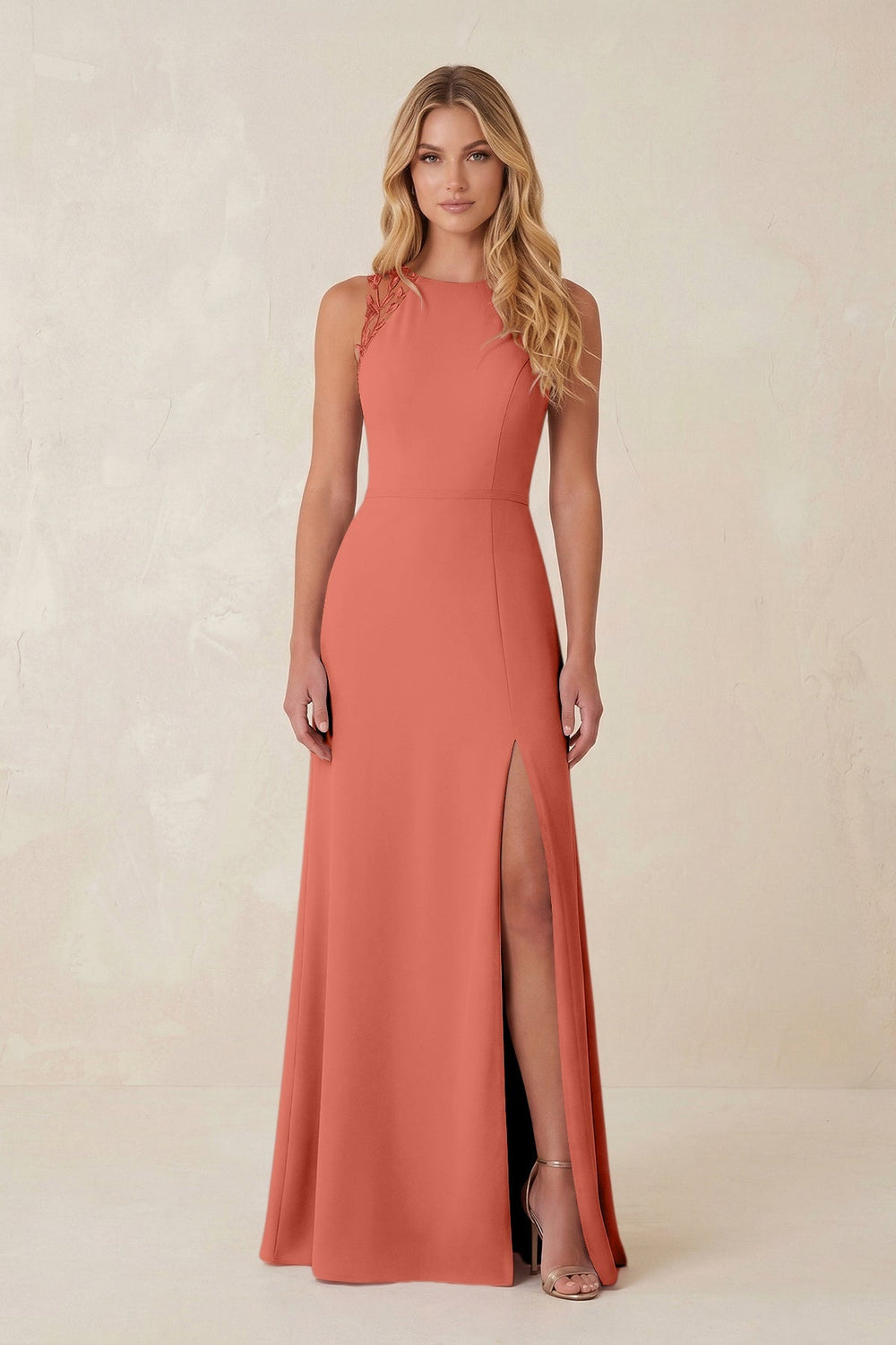 Round Neck Sheath Chiffon Appliqued Bridesmaid Dress in Wild Rose - KISS BRIDAL Bridesmaid Dresses