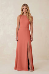 Round Neck Sheath Chiffon Appliqued Bridesmaid Dress in Wild Rose - KISS BRIDAL Bridesmaid Dresses