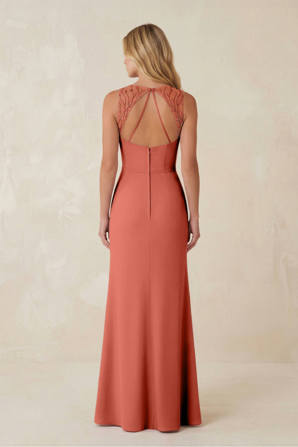 Round Neck Sheath Chiffon Appliqued Bridesmaid Dress in Wild Rose - KISS BRIDAL Bridesmaid Dresses