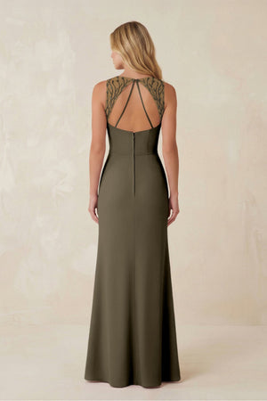 Round Neck Sheath Chiffon Appliqued Bridesmaid Dress in Willow Green - KISS BRIDAL Bridesmaid Dresses