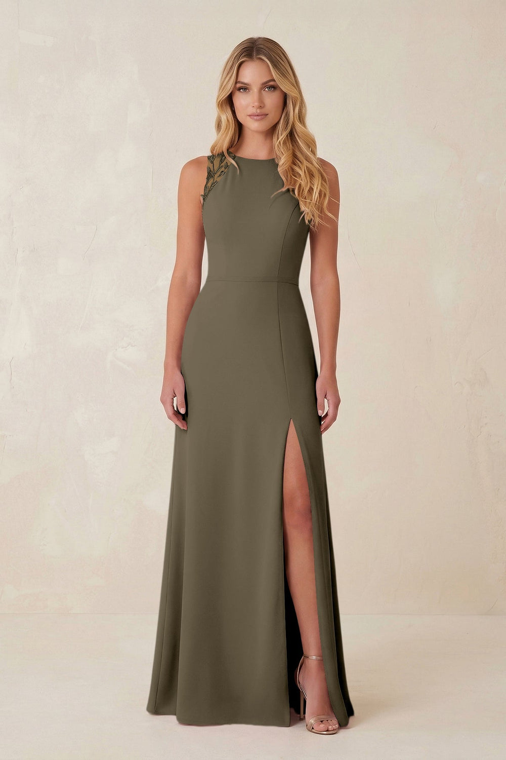 Round Neck Sheath Chiffon Appliqued Bridesmaid Dress in Willow Green - KISS BRIDAL Bridesmaid Dresses